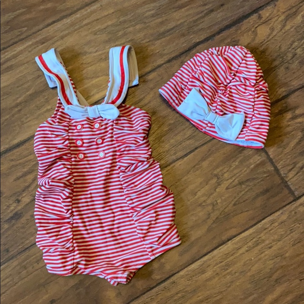Janie and Jack retro swimsuit and swim cap